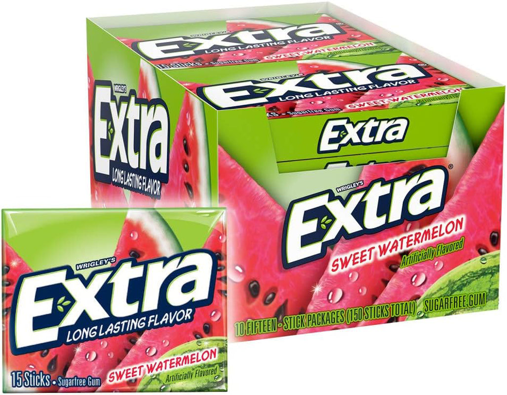 Wrigleys Extra Sweet Watermelon Sugarfree Chewing Gum Box of 10 X 15 Stick Packs