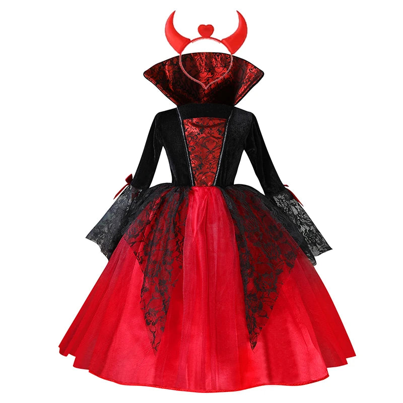 "2024 Girls' Vampire Cosplay Dress – Gothic Ghost Bride Costume for Kids in Black and Red for Halloween and Carnival"