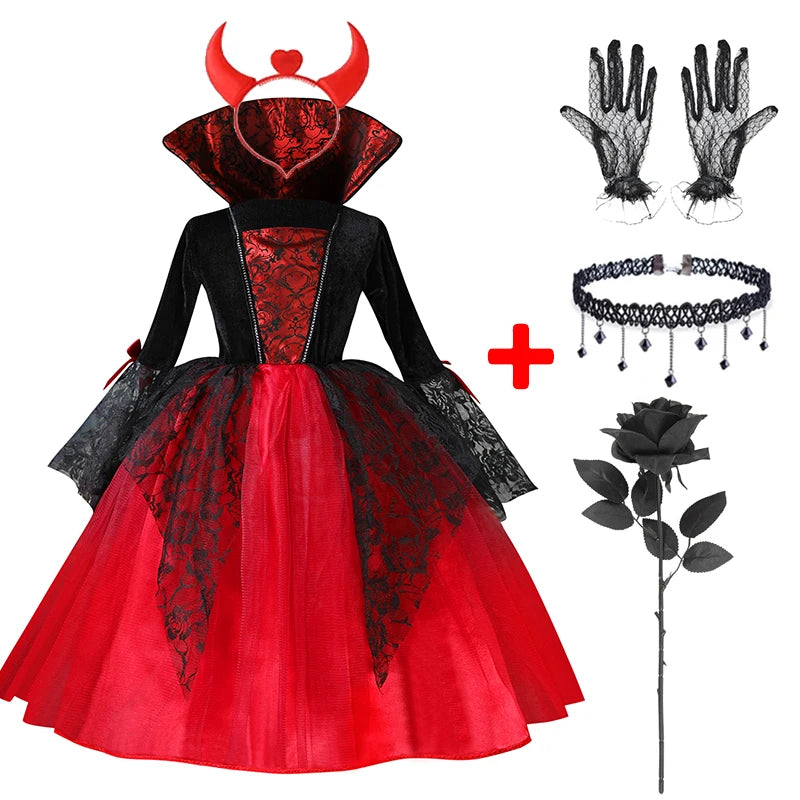 "2024 Girls' Vampire Cosplay Dress – Gothic Ghost Bride Costume for Kids in Black and Red for Halloween and Carnival"