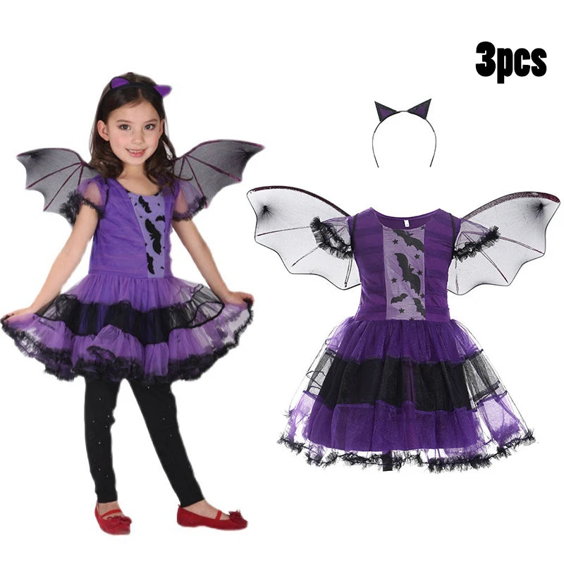 "2024 Girls' Vampire Cosplay Dress – Gothic Ghost Bride Costume for Kids in Black and Red for Halloween and Carnival"