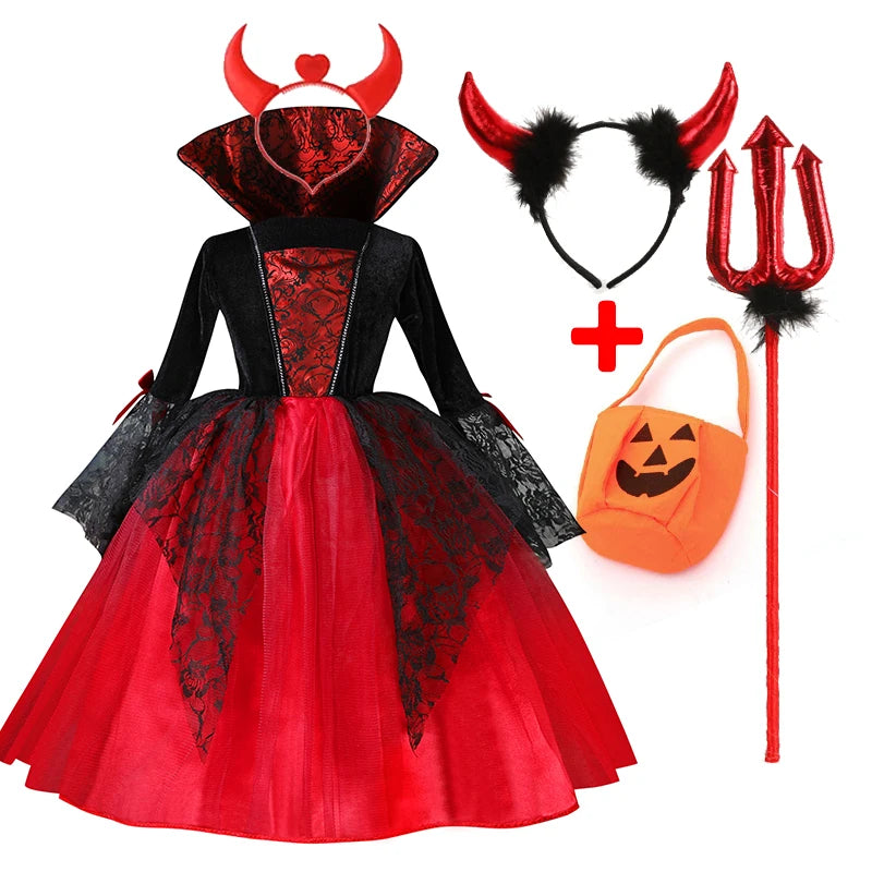 "2024 Girls' Vampire Cosplay Dress – Gothic Ghost Bride Costume for Kids in Black and Red for Halloween and Carnival"