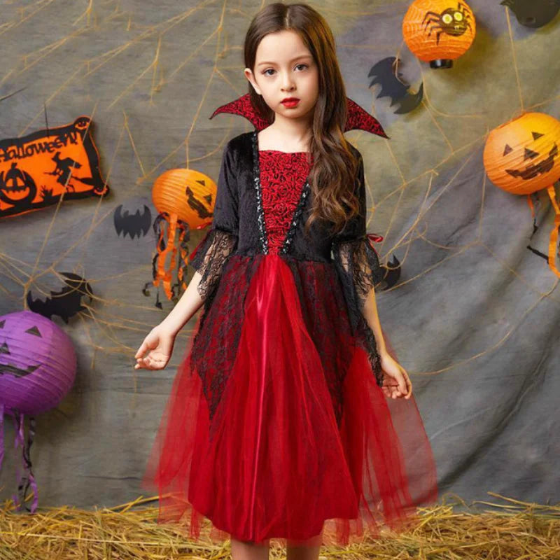 "2024 Girls' Vampire Cosplay Dress – Gothic Ghost Bride Costume for Kids in Black and Red for Halloween and Carnival"