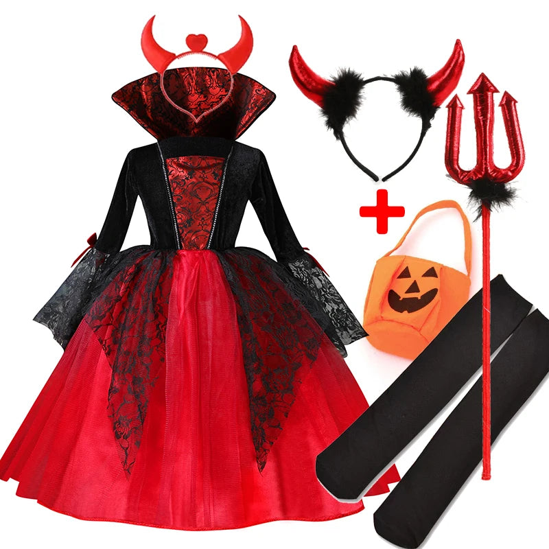 "2024 Girls' Vampire Cosplay Dress – Gothic Ghost Bride Costume for Kids in Black and Red for Halloween and Carnival"