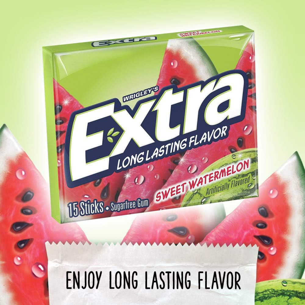 Wrigleys Extra Sweet Watermelon Sugarfree Chewing Gum Box of 10 X 15 Stick Packs